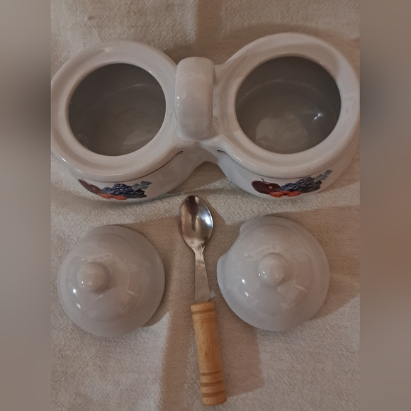 Houston Harvest Ceramic Double Condiment Jar with Fruit Design With One Spoon - Picture 2 of 3